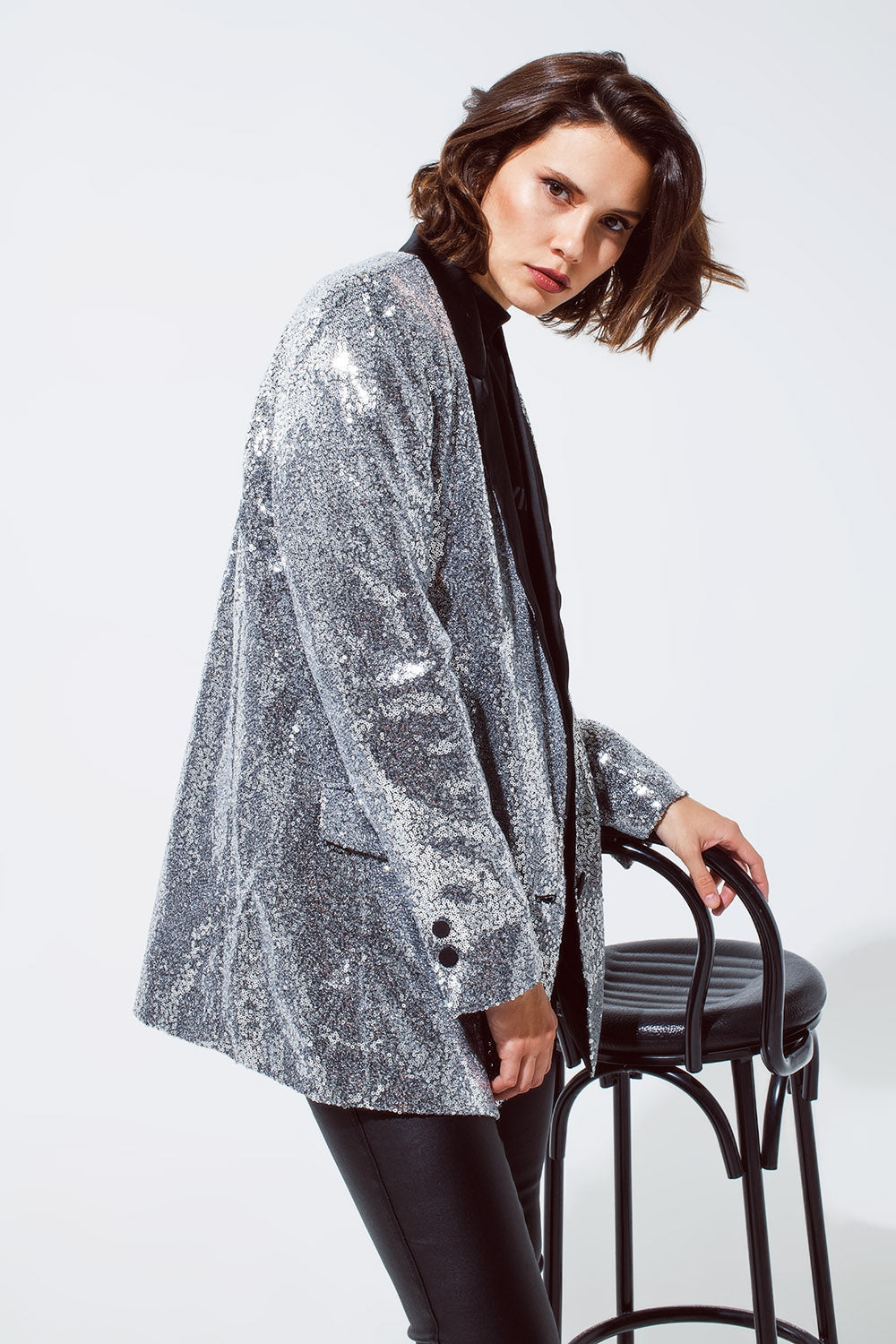 Silver Sequin tuxedo Blazer with Satin Black Lapels – Szua Store