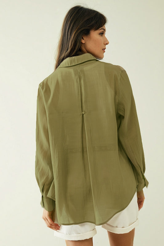 Kahki chiffon shirt with long sleeves and one chest pocket