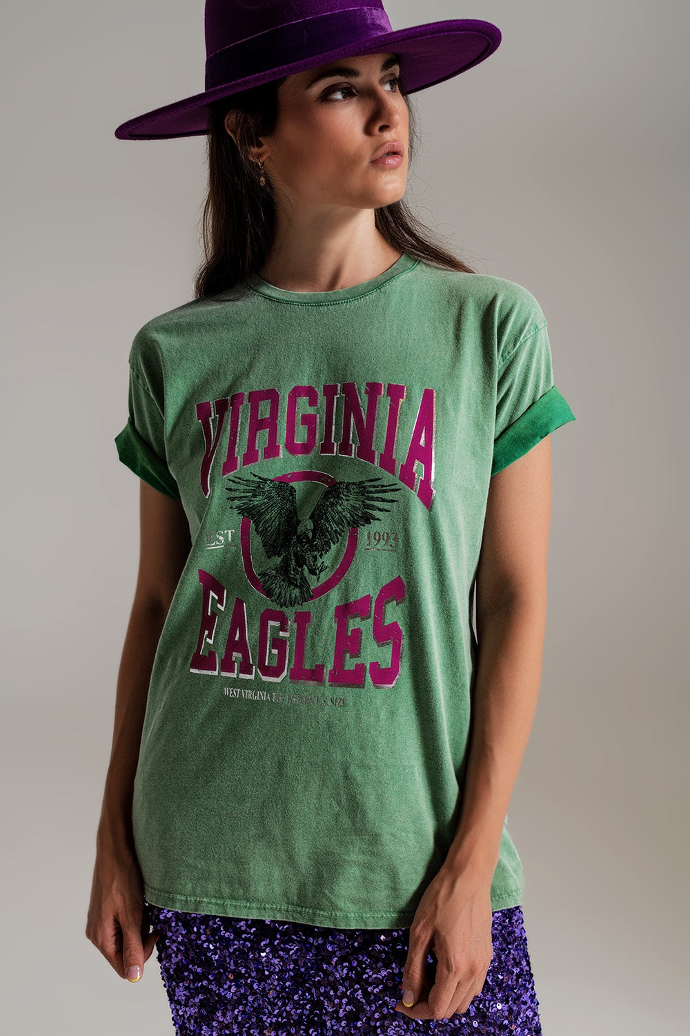 Q2 T-Shirt with Virginia Eagles Text in Green | Italian Stonewashed Cotton