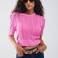 3/4 sleeves fuchsia knit sweater with zig zag stripes details