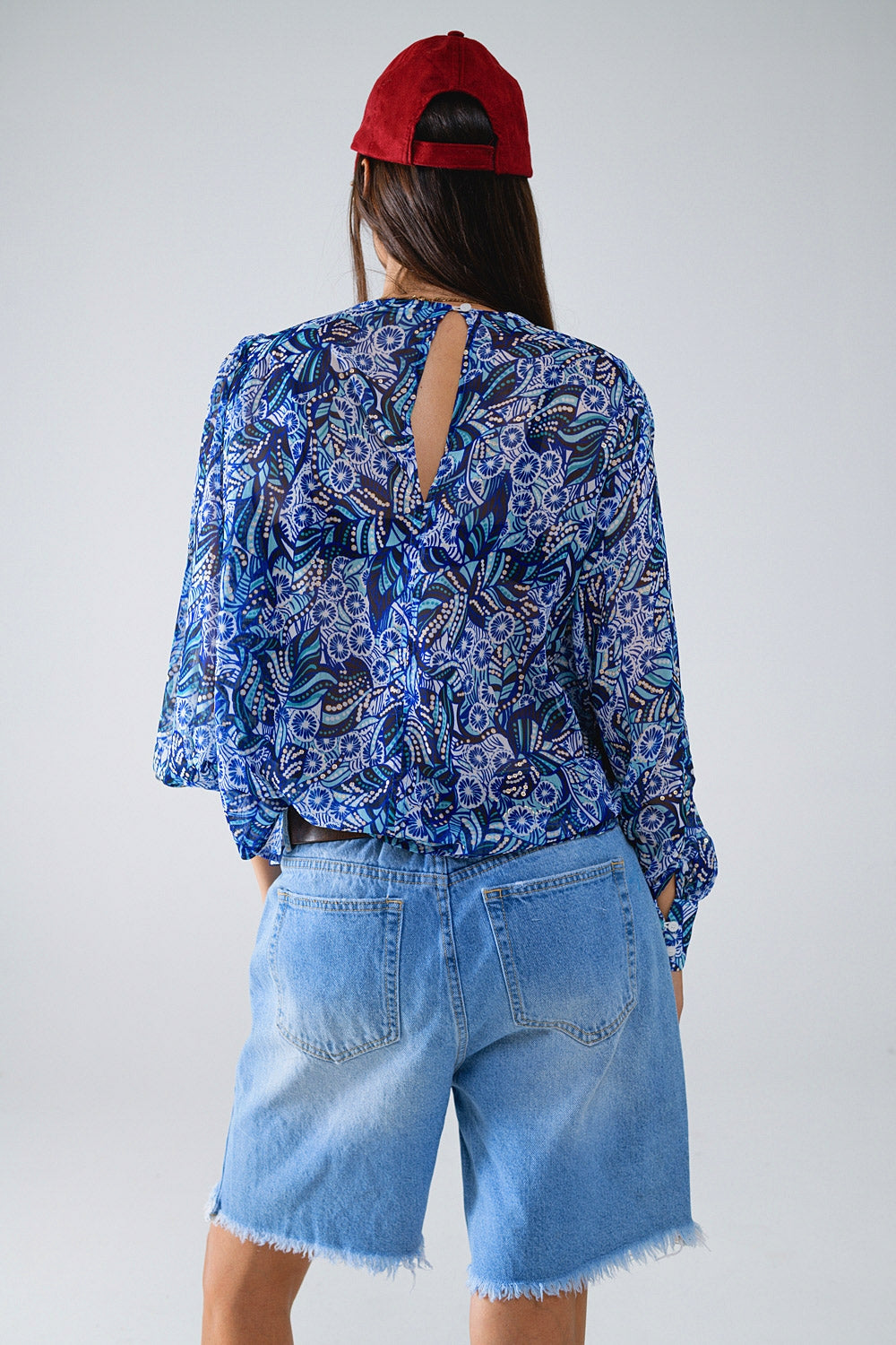 Abstract Print Blouse With Balloon Sleeves in Blue