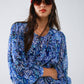 Abstract Print Blouse With Balloon Sleeves in Blue