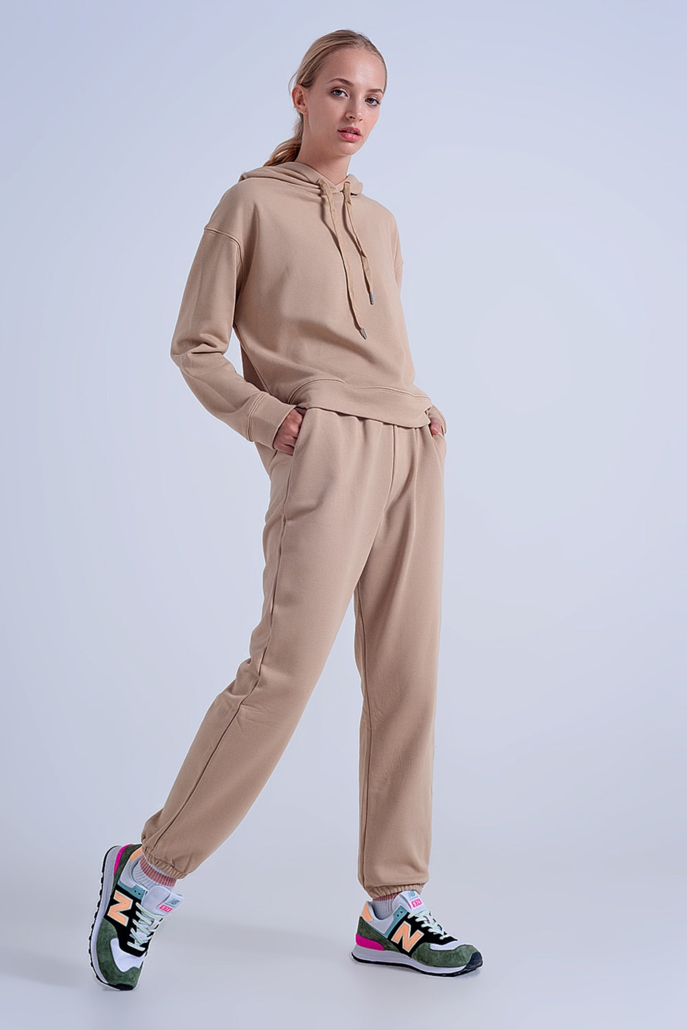 Adjustable waistband joggers in beige