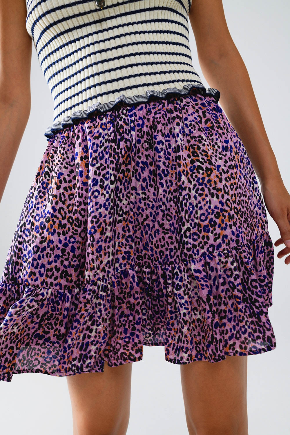 Animal Print Purple Mini Skirt With Ruffle