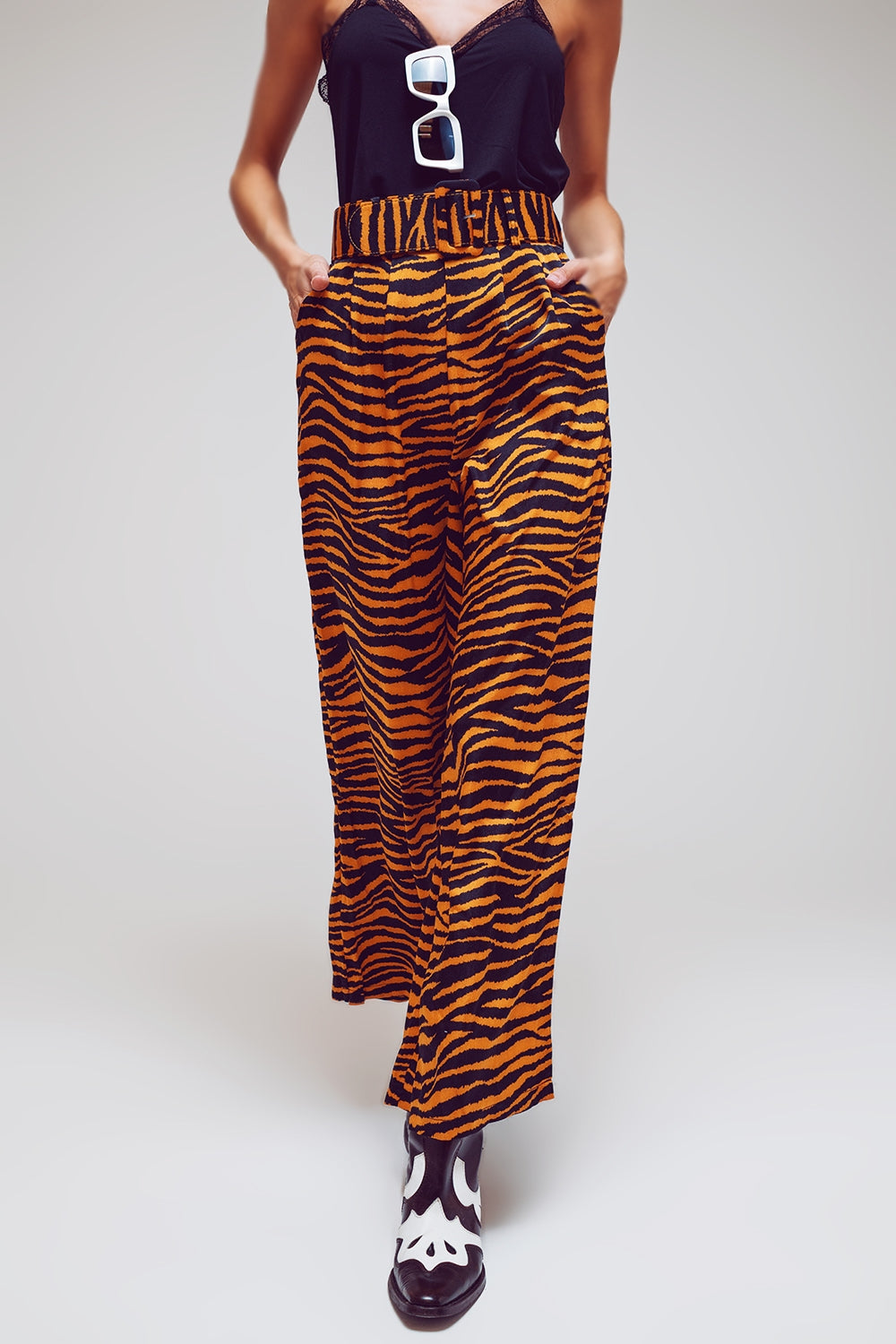 Animal Print Straight Leg Pants With Wide Buckle Belt