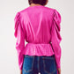 Asymmetric puff sleeve blouse in fuchsia