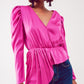 Asymmetric puff sleeve blouse in fuchsia