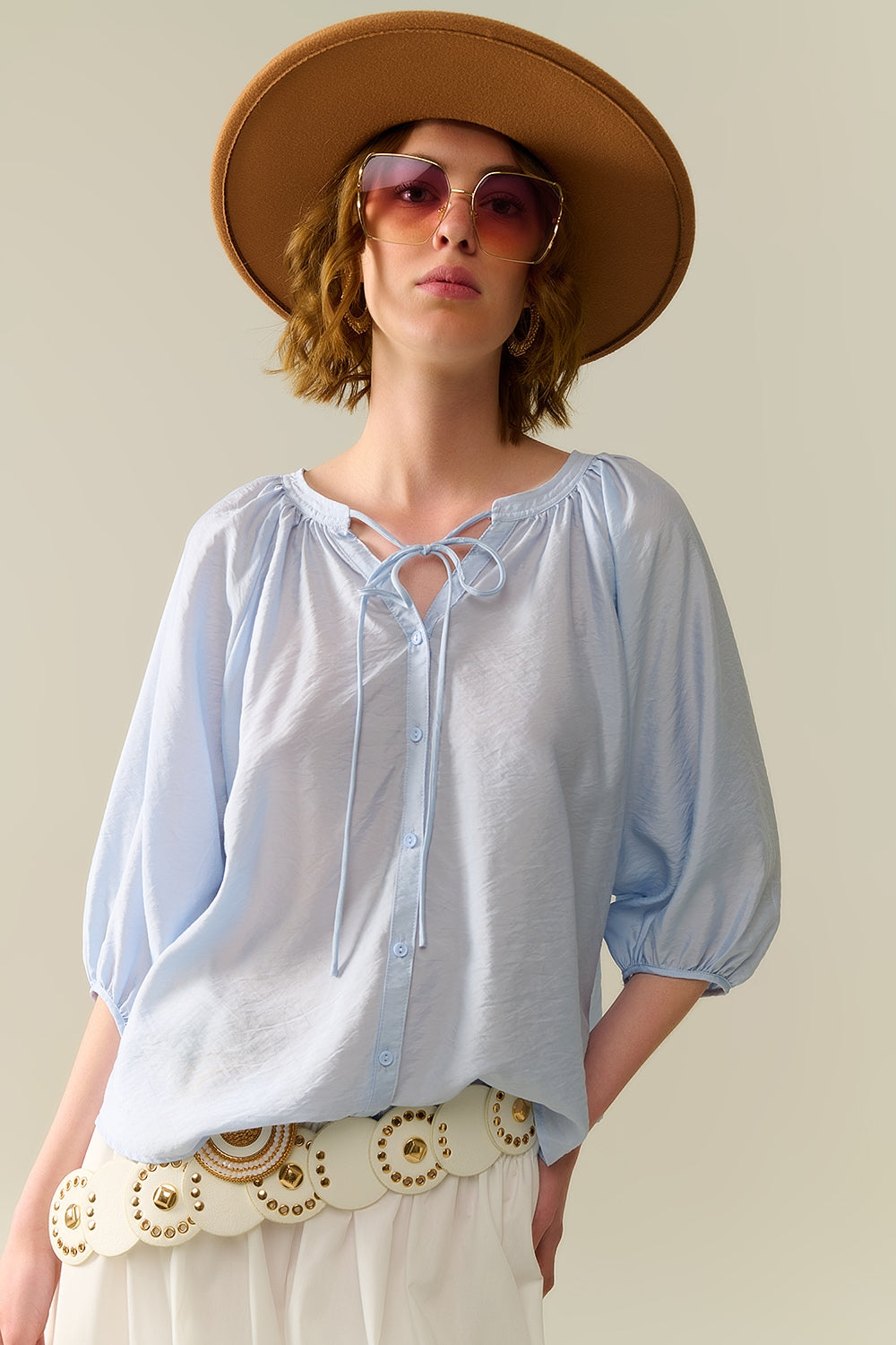 Q2 Baby Blue chiffon Top With Puffed Sleeves