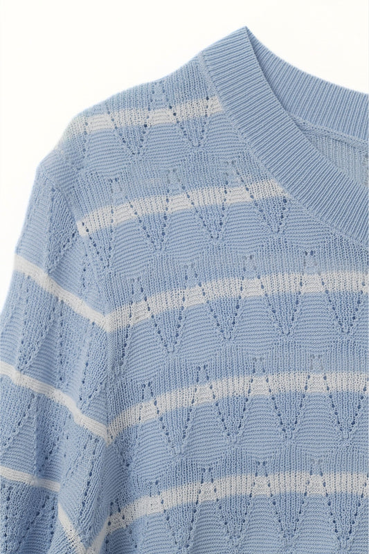 baby Blue Openwork Knit Top with Short Sleeves and White Stripes