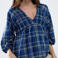 Q2 Babydoll Plaid Shirt in Blue and Green