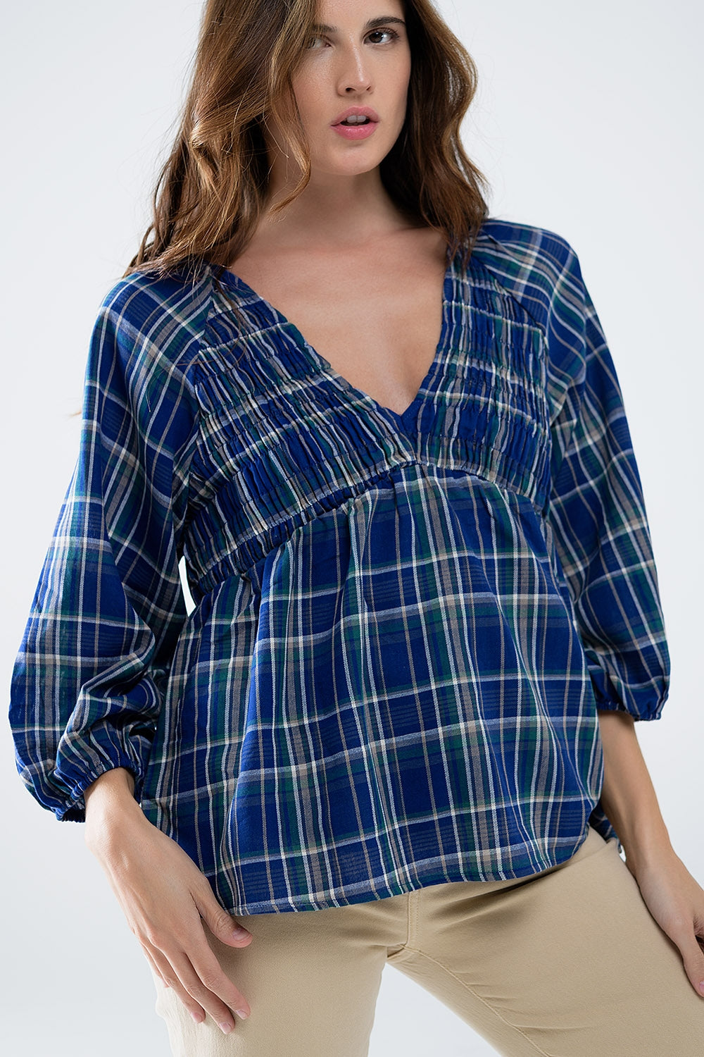 Q2 Babydoll Plaid Shirt in Blue and Green