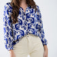 Q2 Balloon Sleeve Abstract Print Blouse in Navy and White