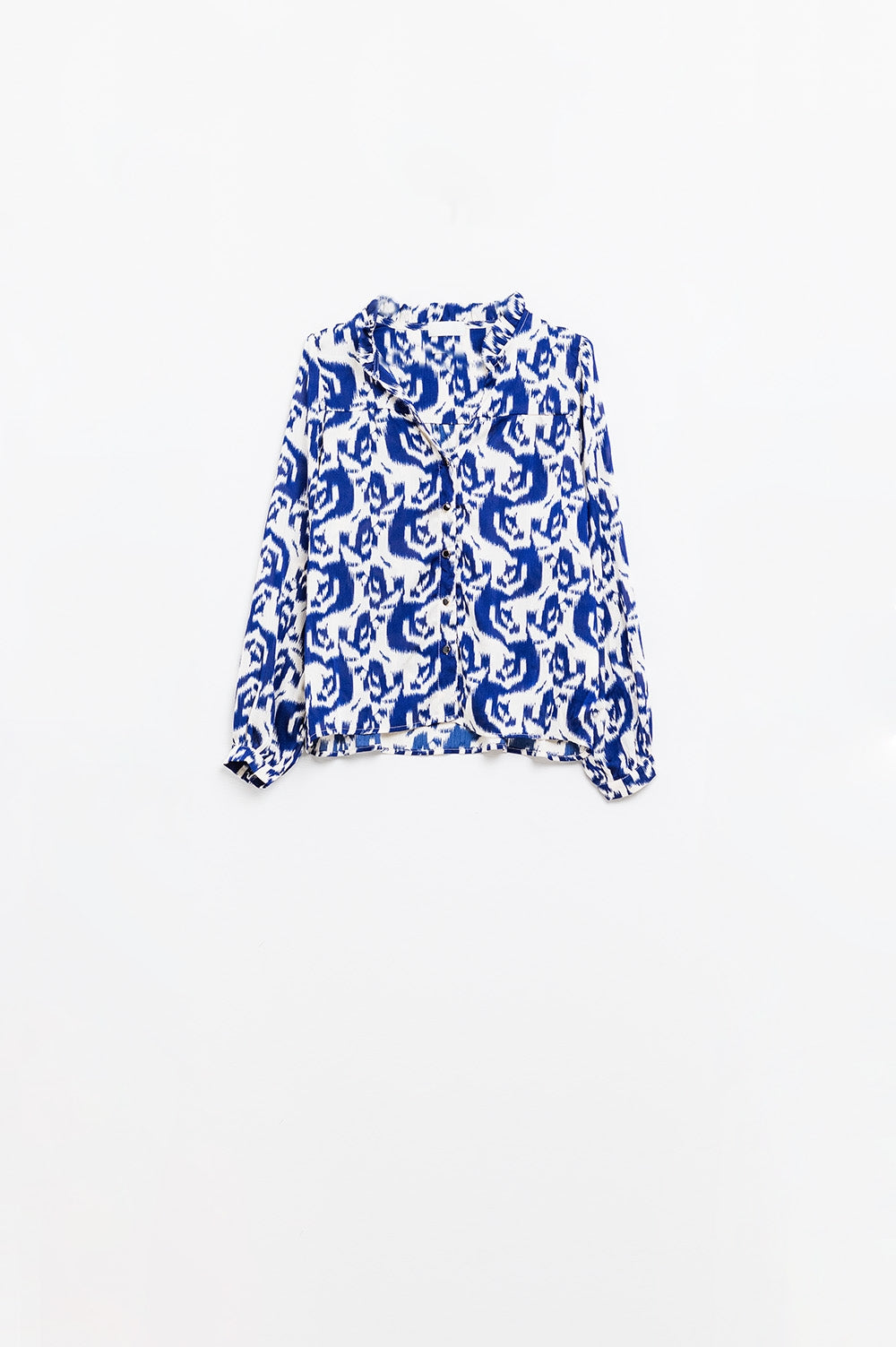 Balloon Sleeve Abstract Print Blouse in Navy and White