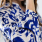 Balloon Sleeve Abstract Print Blouse in Navy and White