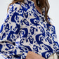 Balloon Sleeve Abstract Print Blouse in Navy and White