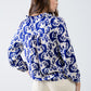 Balloon Sleeve Abstract Print Blouse in Navy and White