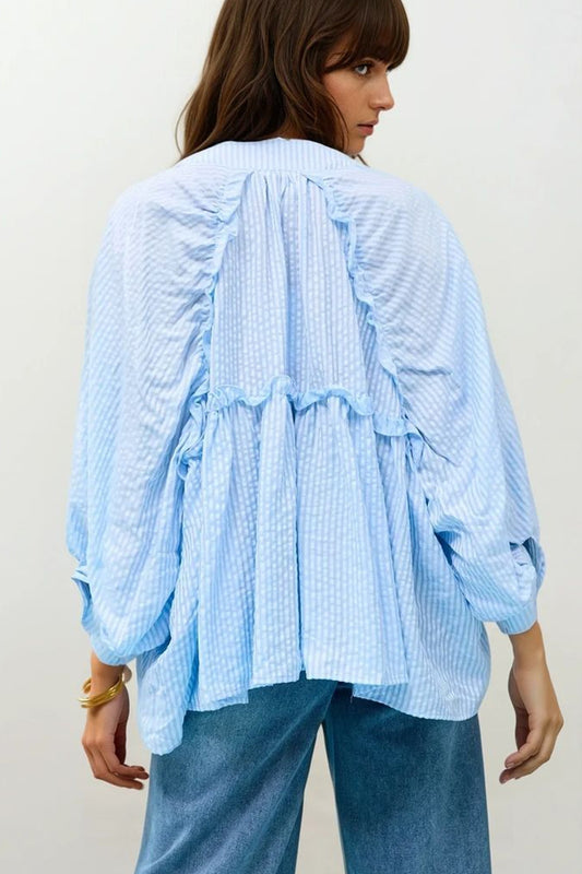 Balloon-Sleeve Striped Blouse in baby Blue