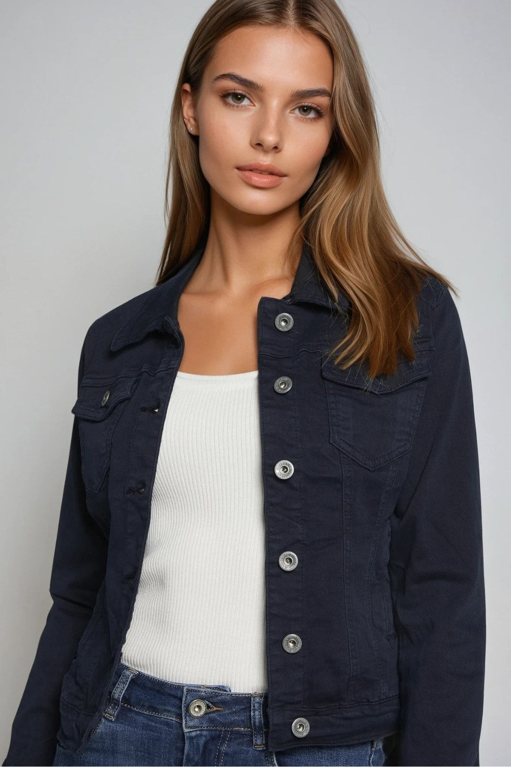 Q2 Basic Denim Jacket With Pockets in navy