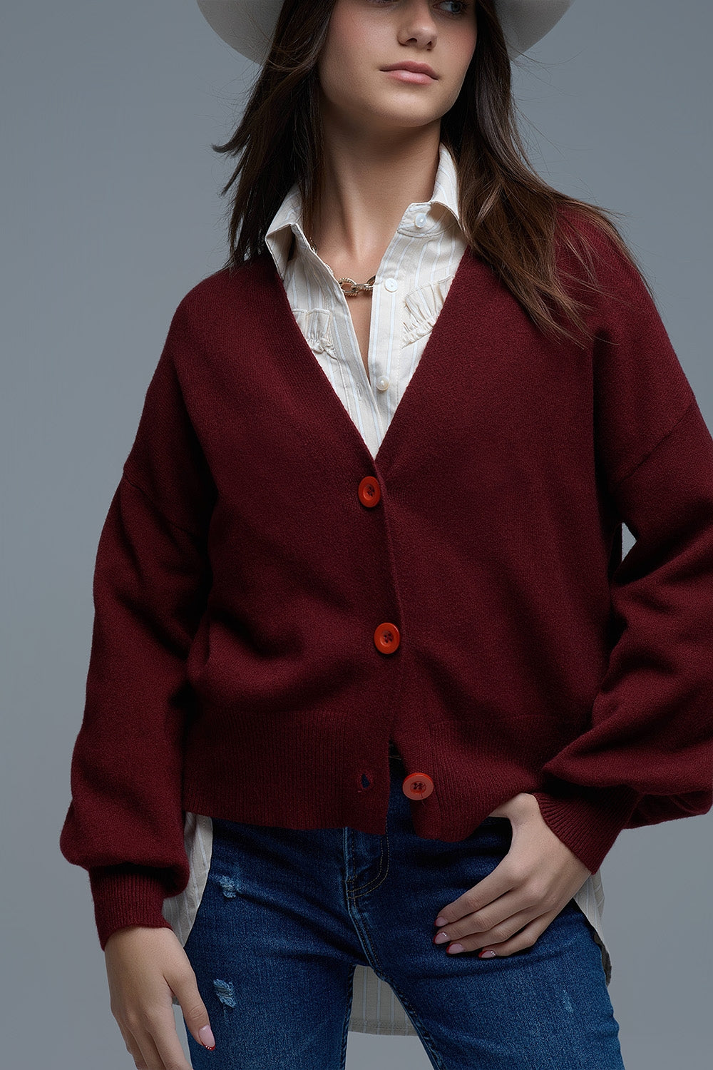 Basic V-neck Cardigan With Long Sleeve in burgundy