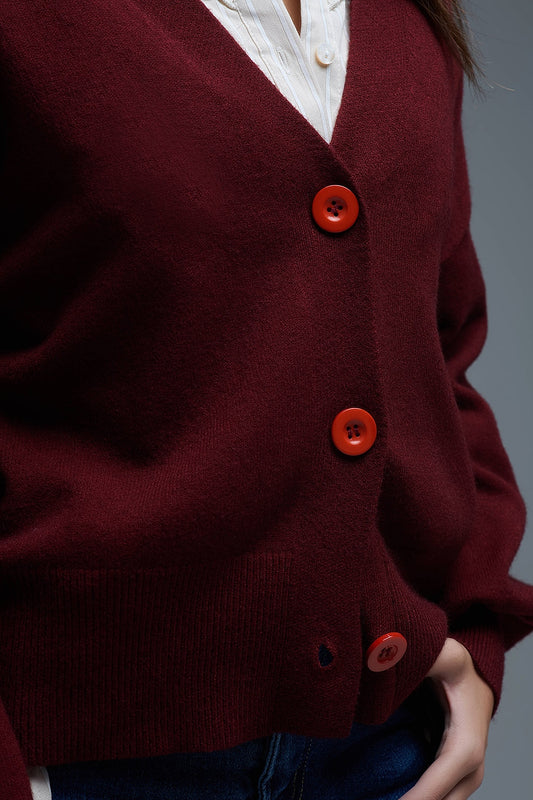 Basic V-neck Cardigan With Long Sleeve in burgundy