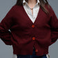 Basic V-neck Cardigan With Long Sleeve in burgundy