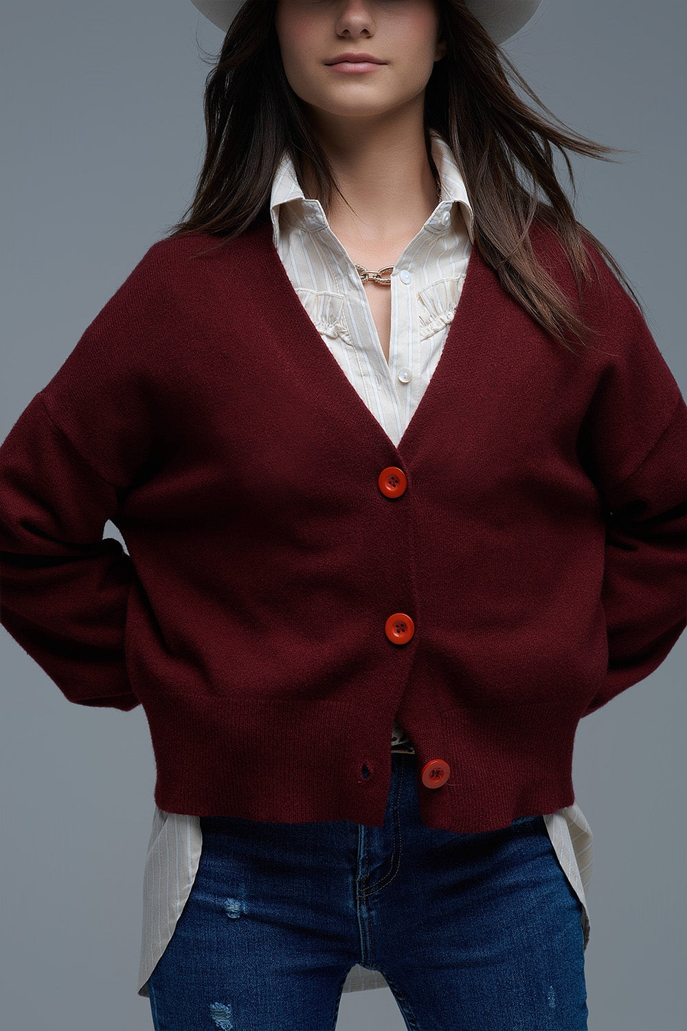 Basic V-neck Cardigan With Long Sleeve in burgundy