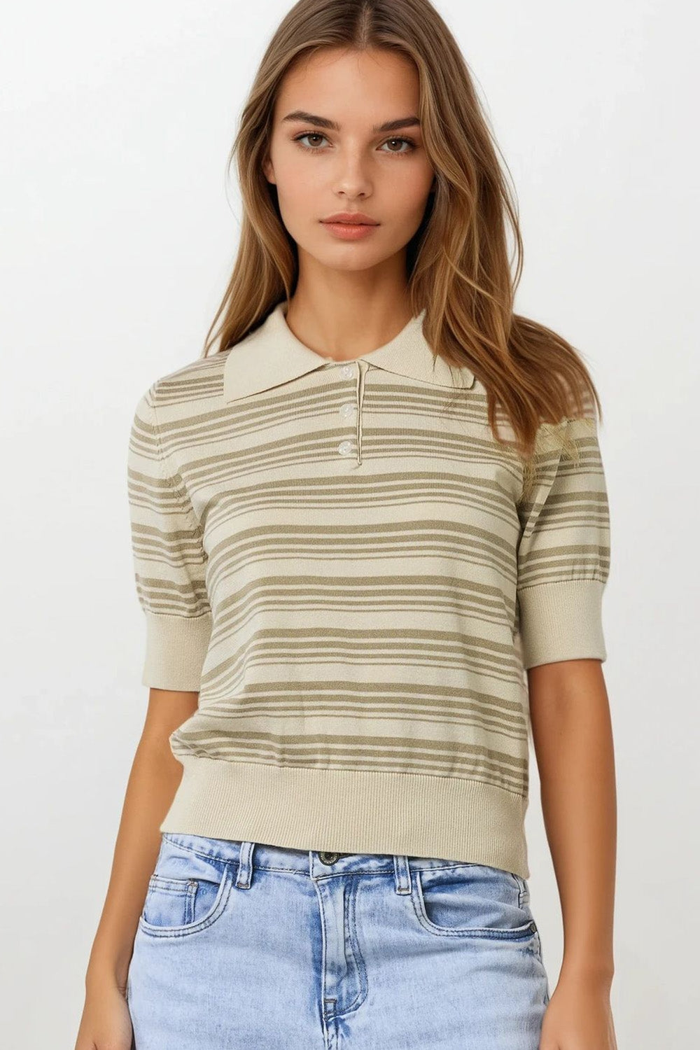 Q2 Beige and camel Striped Sweater With Polo Neck