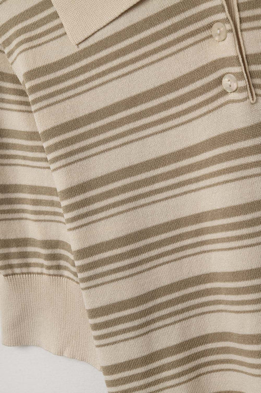 Beige and camel Striped Sweater With Polo Neck