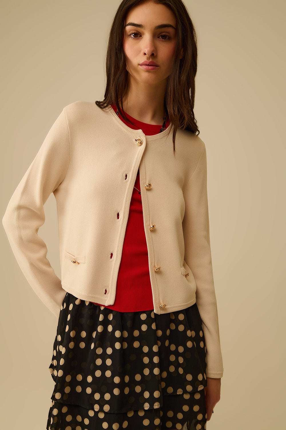 Q2 Beige Cardigan with Gold Buttons