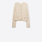 Q2 Beige Cardigan with White Stripes and Gold Buttons