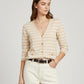 Beige Cardigan with White Stripes and Gold Buttons
