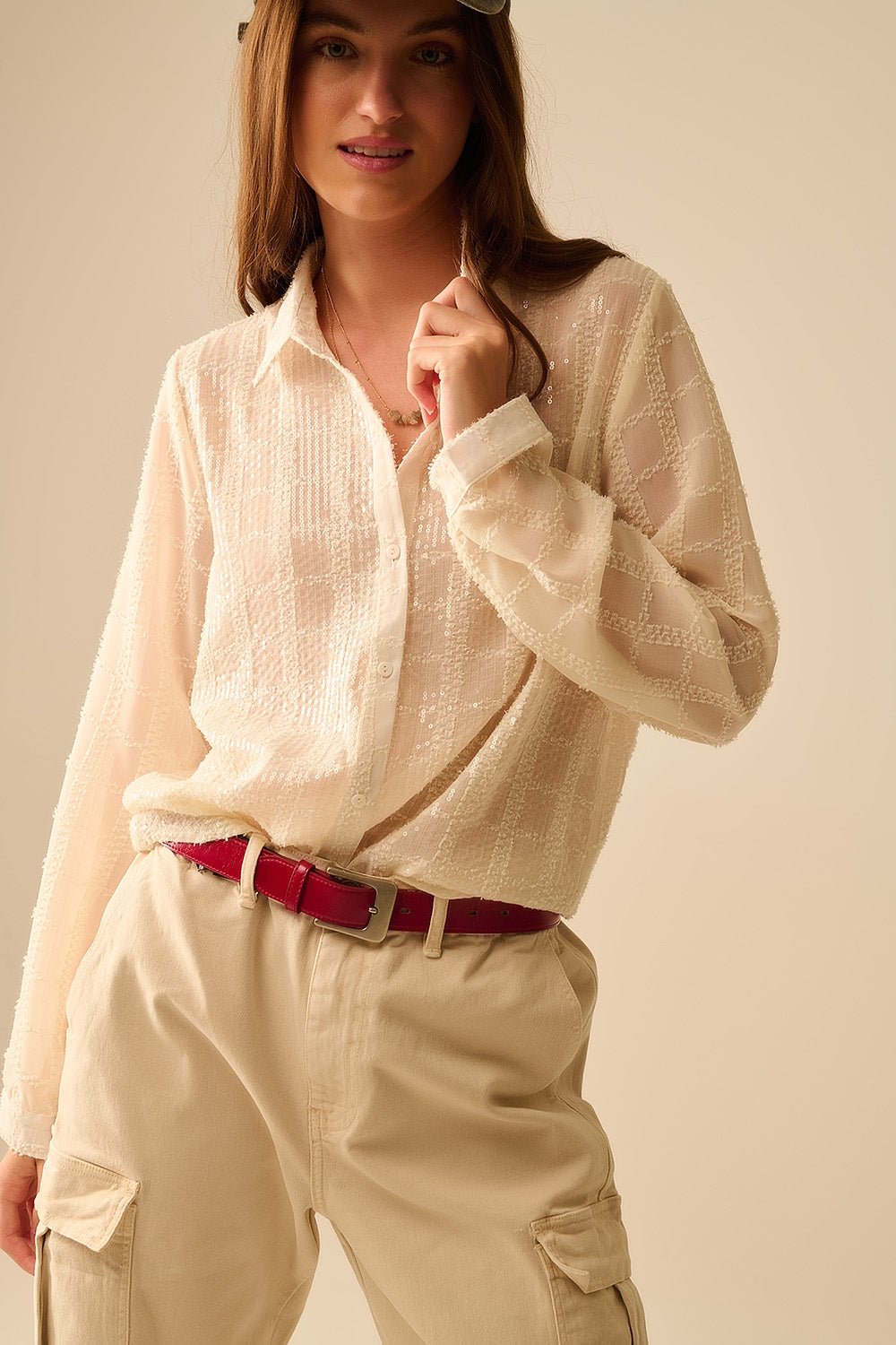 Q2 beige chiffon shirt with sequin detail