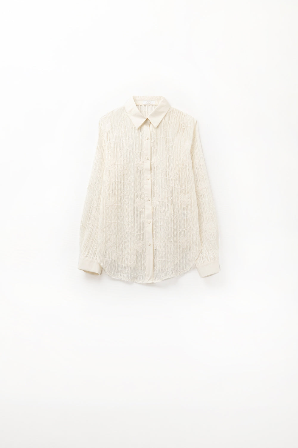 Q2 beige crochet shirt with embroidered details