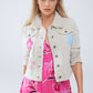 Q2 Beige Denim Jacket With Embroided Flowers