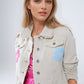 Beige Denim Jacket With Embroided Flowers