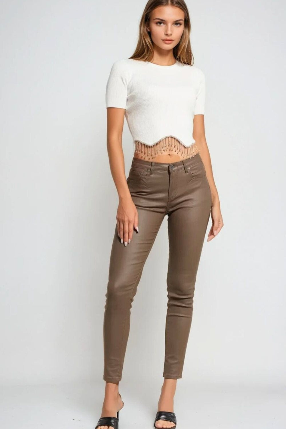 Q2 Beige Faux Leather Super Skinny Pants