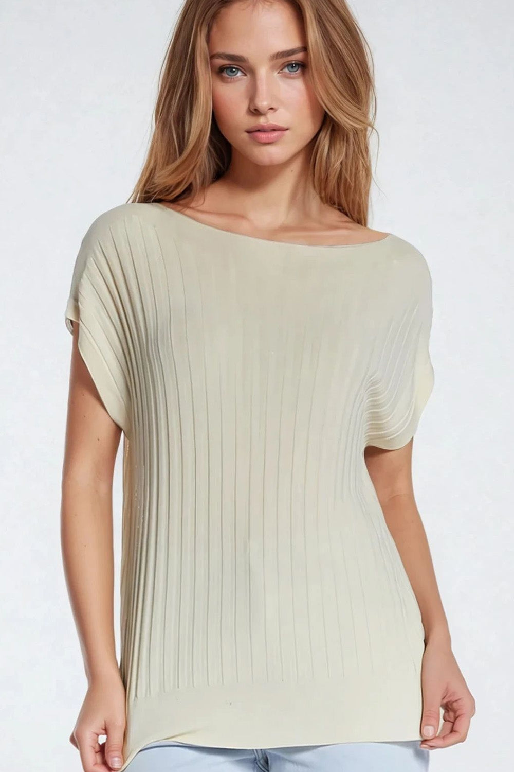 Q2 Beige fine Rib knitted Sweater with boat neck
