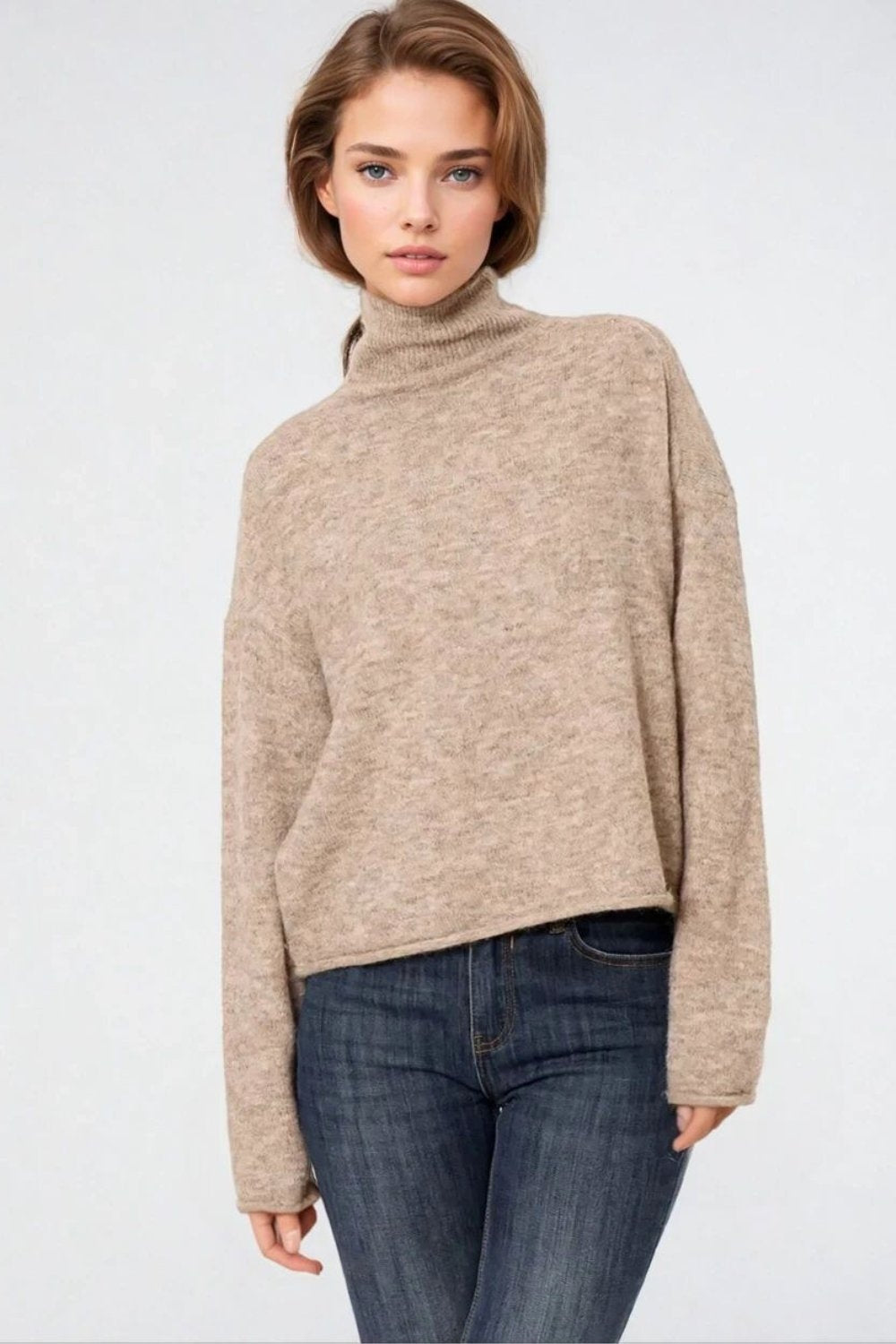 Q2 Beige fluffy high neck relax fit sweater