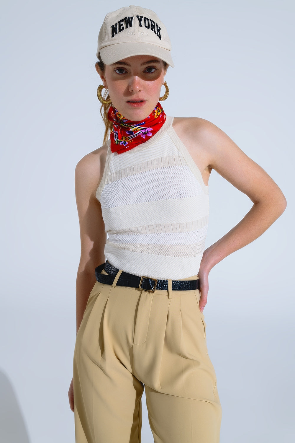 Beige Halter Tank top With Stripe Design In Different Knits