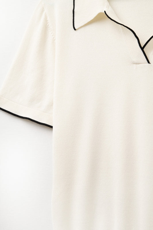 Beige knit polo shirt with contrasting detail
