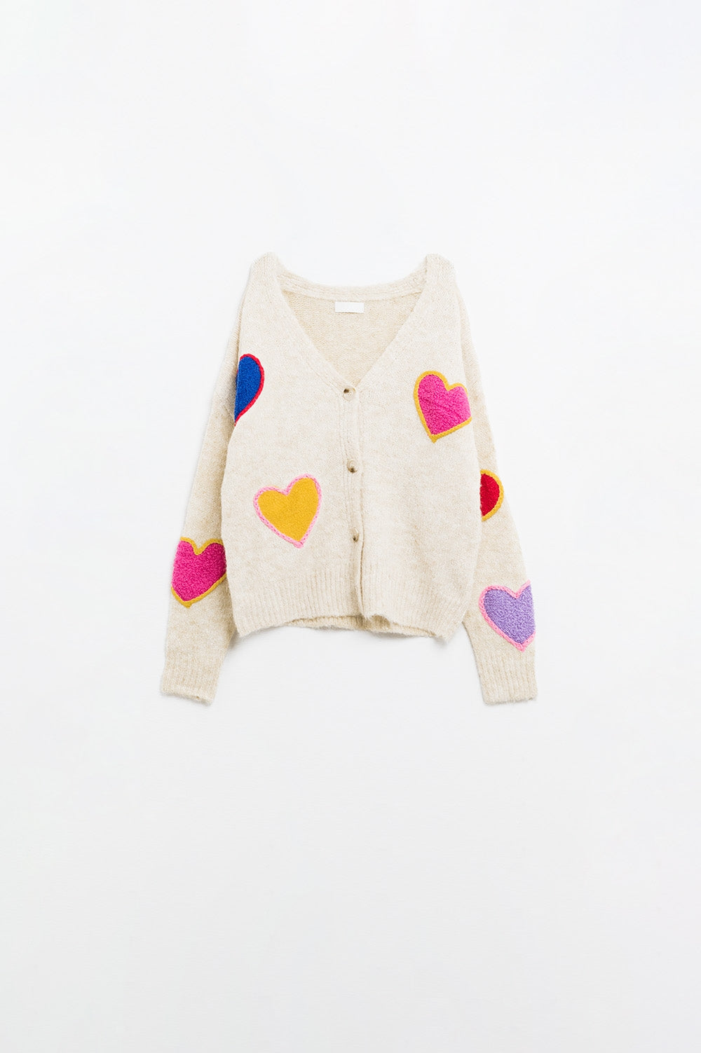 Beige knitted cardigan with embroidered hearts