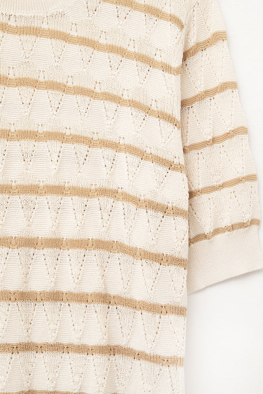 Beige Openwork Knit Top with Short Sleeves and Gold Stripes