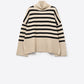 Q2 Beige oversized turtleneck sweater with black stripes and splits on the side