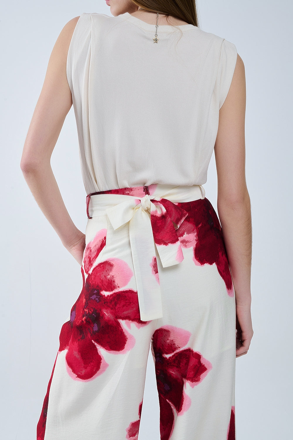 Beige Palazzo Pants With Red Tropial Flower Print and Matching Belt