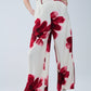 Beige Palazzo Pants With Red Tropial Flower Print and Matching Belt