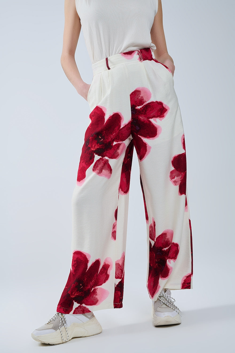 Beige Palazzo Pants With Red Tropial Flower Print and Matching Belt