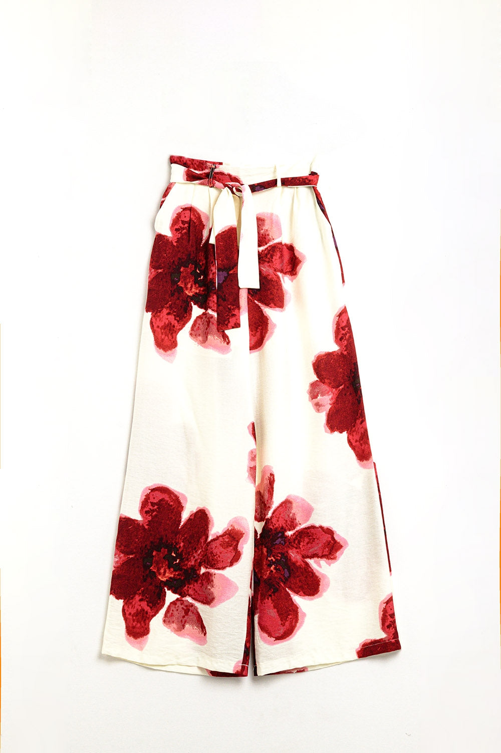 Beige Palazzo Pants With Red Tropial Flower Print and Matching Belt