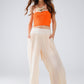 Beige Palazzo style Pants With Side Pockets And Thick Waist Band