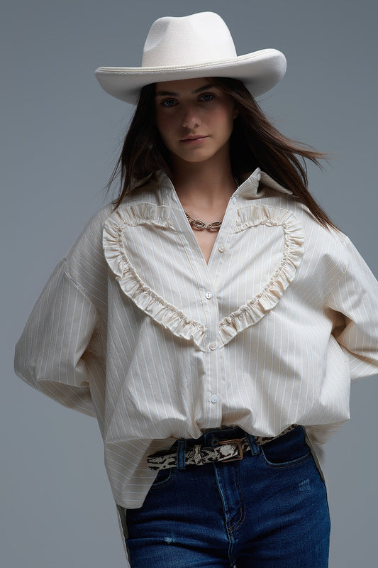 Beige Relaxed Striped Shirt With Heart Seam Detail