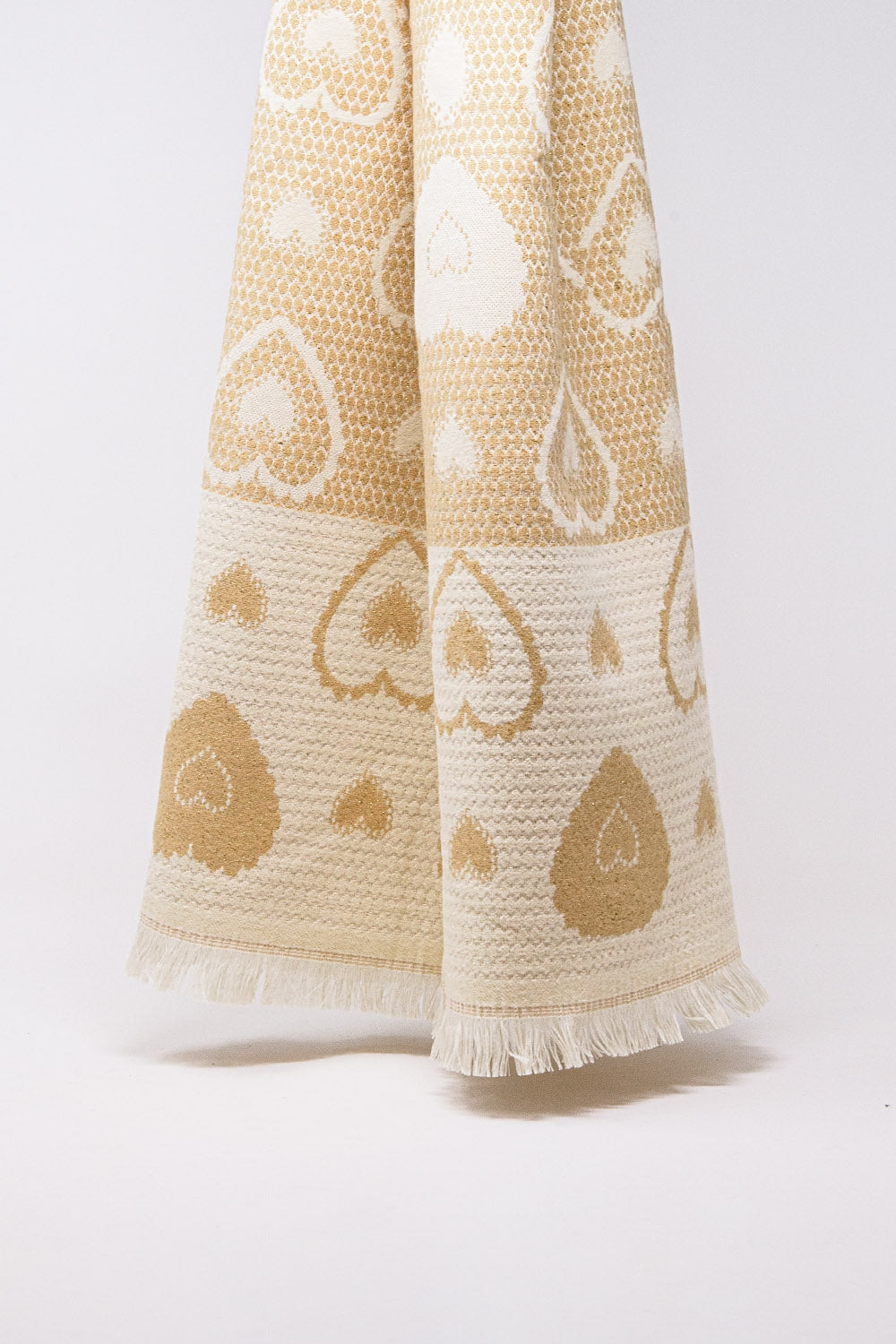 Q2 beige scarf with heart print and golden thread detail